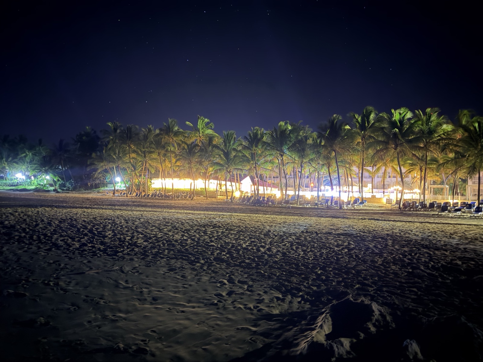 The lit beachfront restaurants of Cabarete seen at night from the dark sand, under a row of palms